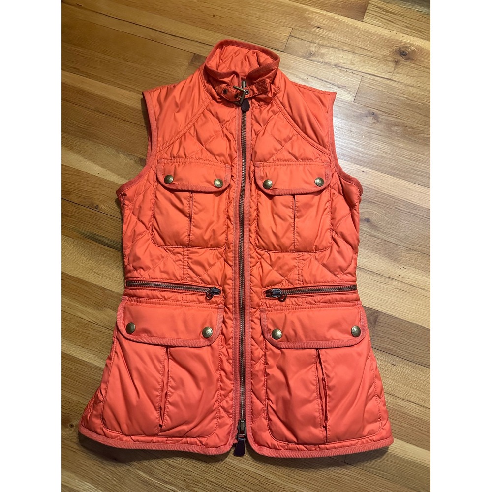 Ralph Lauren Sport Orange Quilted Down Vest Women Small Utility Puffer Gilet